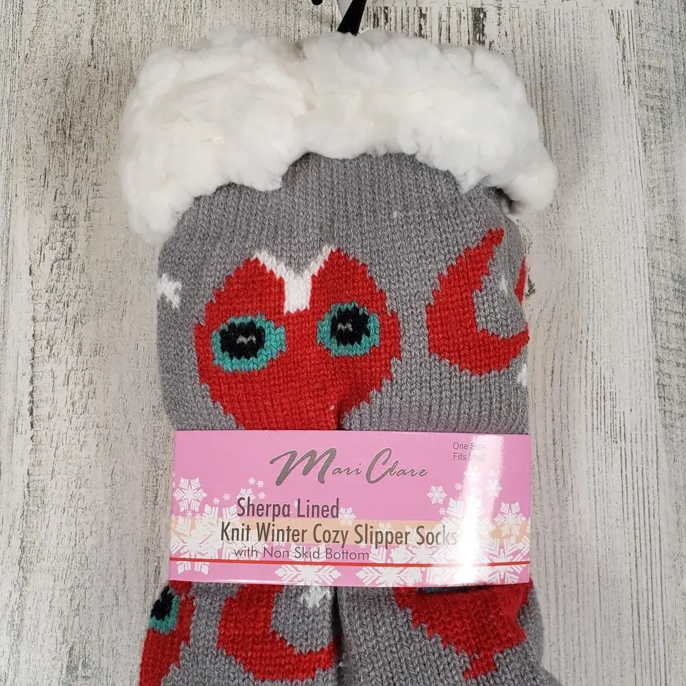NWT Mari Clare Sherpa Lined Knit Winter Owl Moon Star No-Slip Slipper Socks